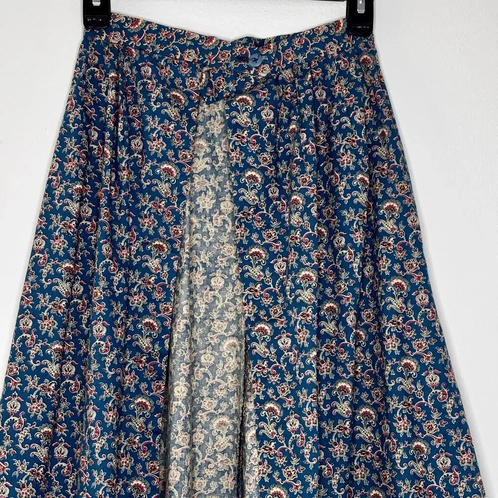 Vintage 1970s Handmade Blue Paisley Chore Skirt Apron Ruffle Pockets Large